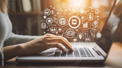 A woman's hand types on a laptop with glowing digital icons representing technology and innovation, with a warm and inviting background.