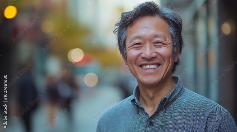 A happy Asian man enjoys a moment in a lively urban setting, radiating positivity A happy Asian man enjoys a moment in a lively urban setting, radiating positivity