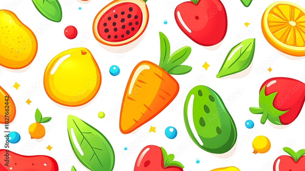 Seamless pattern of colorful fruits and vegetables on white background. Seamless pattern of colorful fruits and vegetables on white background.