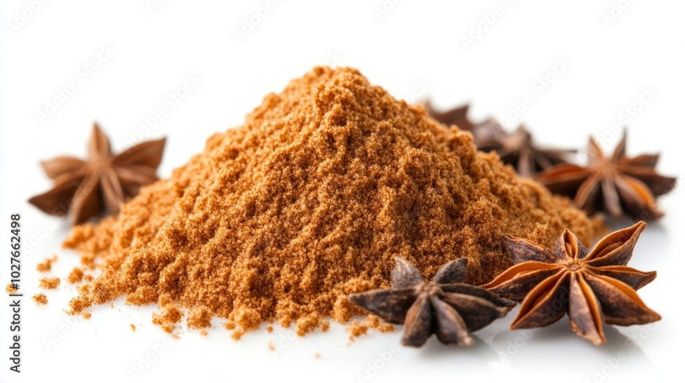 A small heap of ground anise seed powder with whole anise seeds scattered nearby, isolated on a white background A small heap of ground anise seed powder with whole anise seeds scattered nearby, isolated on a white background