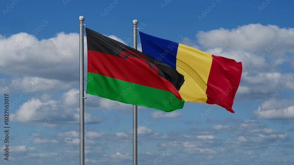 Romania and Malawi flags flying together, video concept of the relationship, two country cooperation concept Romania and Malawi flags flying together, video concept of the relationship, two country cooperation concept
