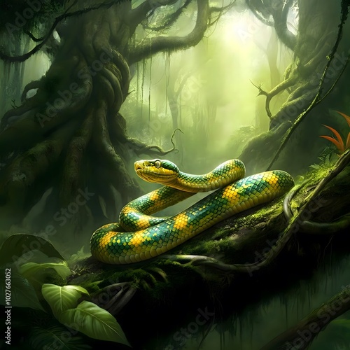 Emerald Serpent Resting in Lush Jungle Habitat photo