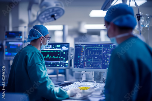 An unrecognizable male and female surgeon doctors monitoring the vital signs of patients on the screens of the medical equipment in the hospital operating room. AI