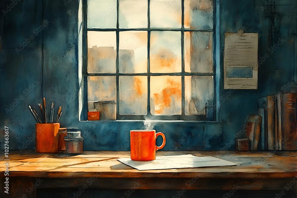 A painting of a window with a red mug of coffee on a table. The mood of the painting is calm and peaceful A painting of a window with a red mug of coffee on a table. The mood of the painting is calm and peaceful