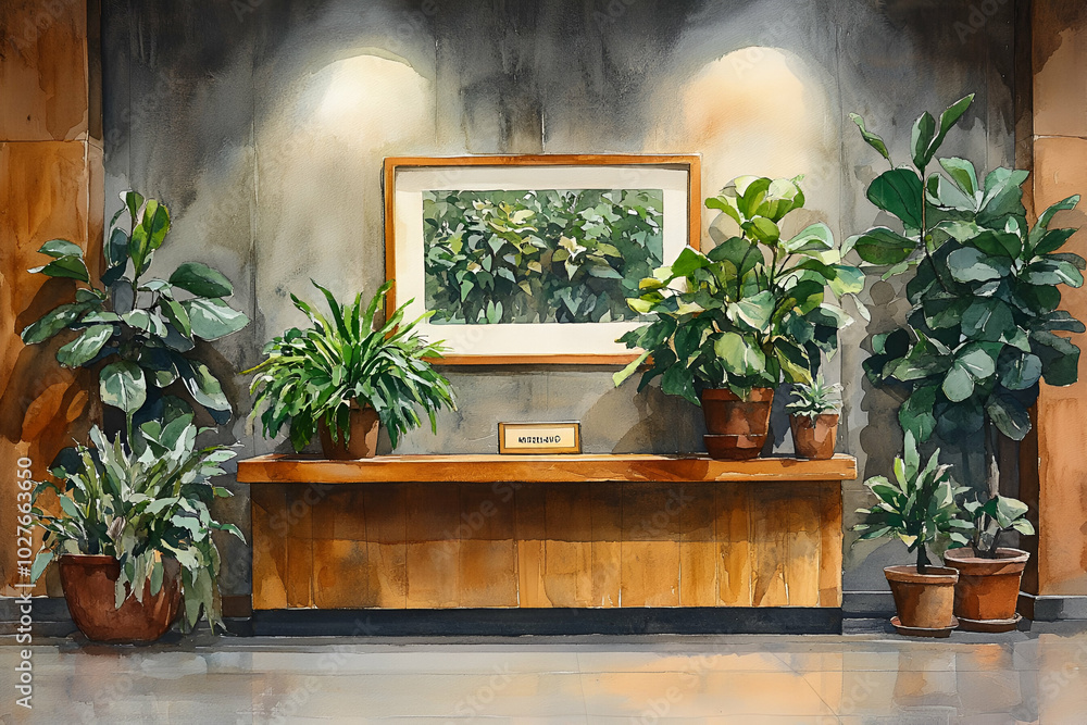 A painting of a room with a wooden desk and a sign that says A painting of a room with a wooden desk and a sign that says