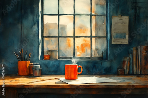 Wallpaper Mural A painting of a window with a red mug of coffee on a table. The mood of the painting is calm and peaceful Torontodigital.ca