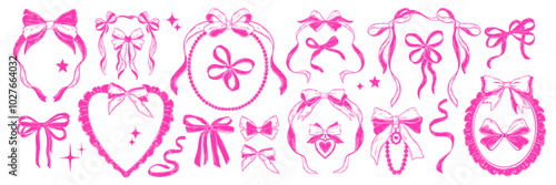 Coquettish ribbon bow vector set, Valentine girly frame kit, romantic pink border, vintage accessory. Feminine knot, wedding invitation design element, festive elegant decor. Coquettish bow sticker
