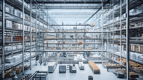 A spacious warehouse with shelves full of products, organized for efficient storage and distribution in an industrial setting.