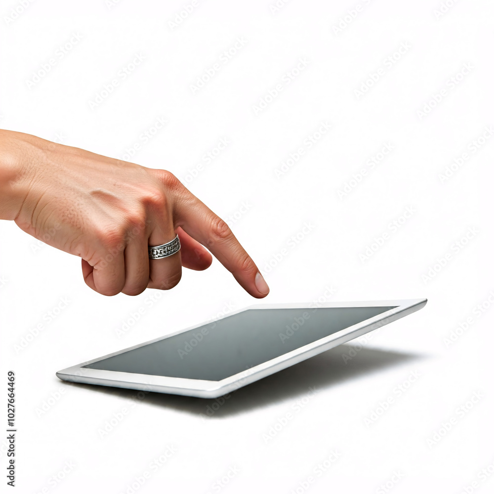 hand touching white tablet on white background hand touching white tablet on white background