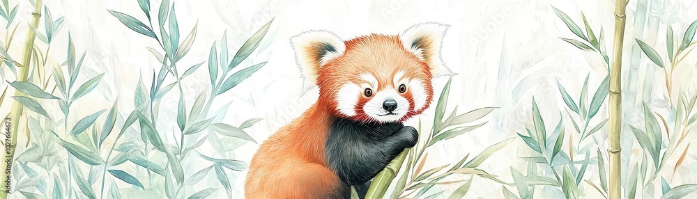 Vibrant, playful Red Pandas in a lush, bamboo-filled forest, Side view, showcasing their adorable features Traditional watercolor style Vibrant, playful Red Pandas in a lush, bamboo-filled forest, Side view, showcasing their adorable features Traditional watercolor style