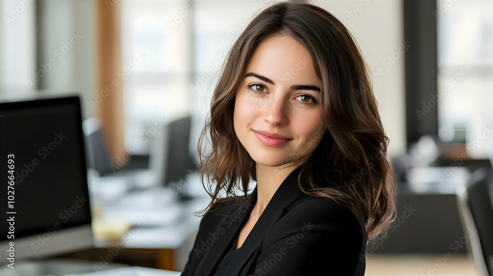 A professional woman smiling in an office setting, exuding confidence and approachability. A professional woman smiling in an office setting, exuding confidence and approachability.