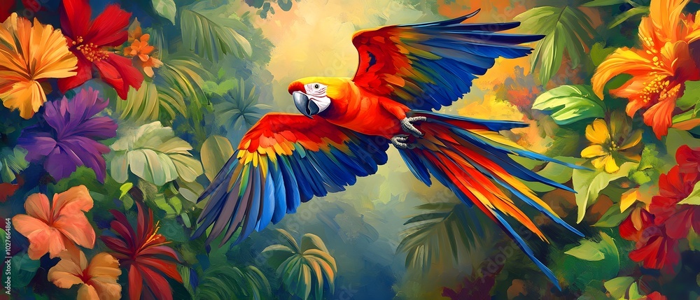 A vibrant and colorful parrot soaring through lush tropical flowers, showcasing nature's beauty and exotic wildlife. A vibrant and colorful parrot soaring through lush tropical flowers, showcasing nature's beauty and exotic wildlife.
