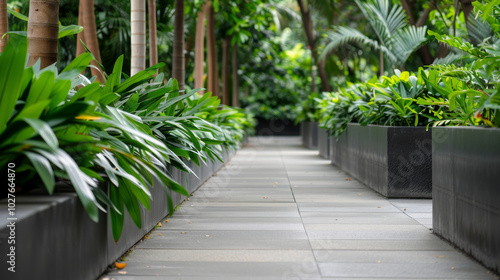 Urban green walkway lined with lush plants and greenery, designed to enhance eco-friendly transportation and promote sustainable living in modern city. Perfect for pedestrians and nature enthusiasts.