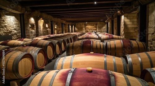 Dimly Lit Wooden Wine Barrels in Historic Cellar