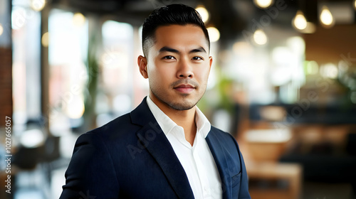 A professional man in a suit poses confidently in a modern, stylish interior setting.