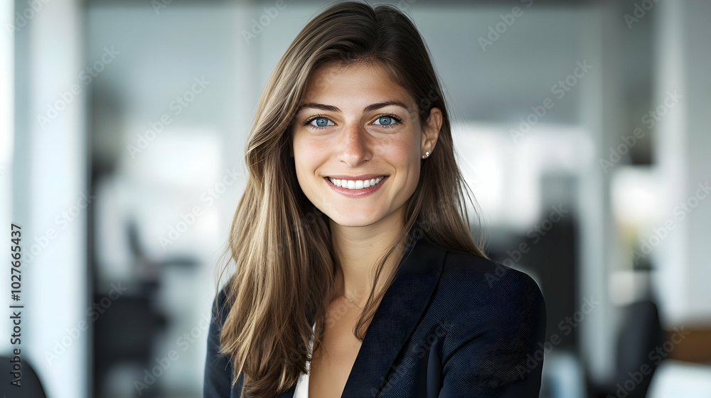 A smiling woman in a business setting, conveying professionalism and confidence. A smiling woman in a business setting, conveying professionalism and confidence.