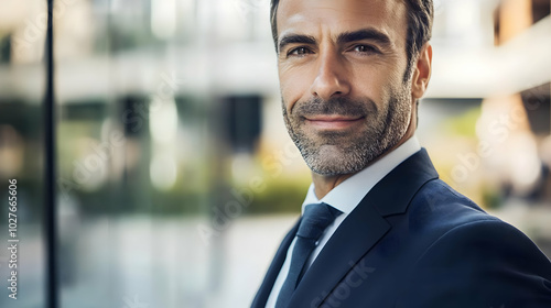 A confident businessman in a suit smiles outdoors, exuding professionalism and charisma.