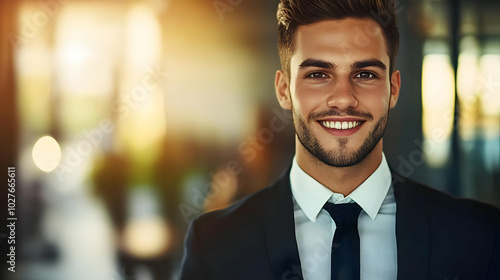 A smiling man in a suit, exuding confidence and professionalism in a modern setting.