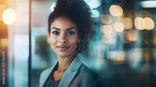 A professional woman smiles confidently in a modern office setting.
