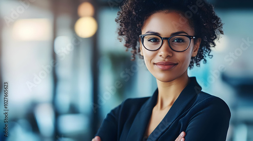 A confident woman in professional attire smiles in a modern office setting.