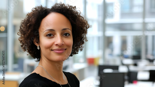 A woman with curly hair smiles in a modern office setting.