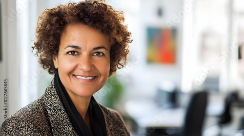Professional portrait of a smiling woman with curly hair in an office setting.