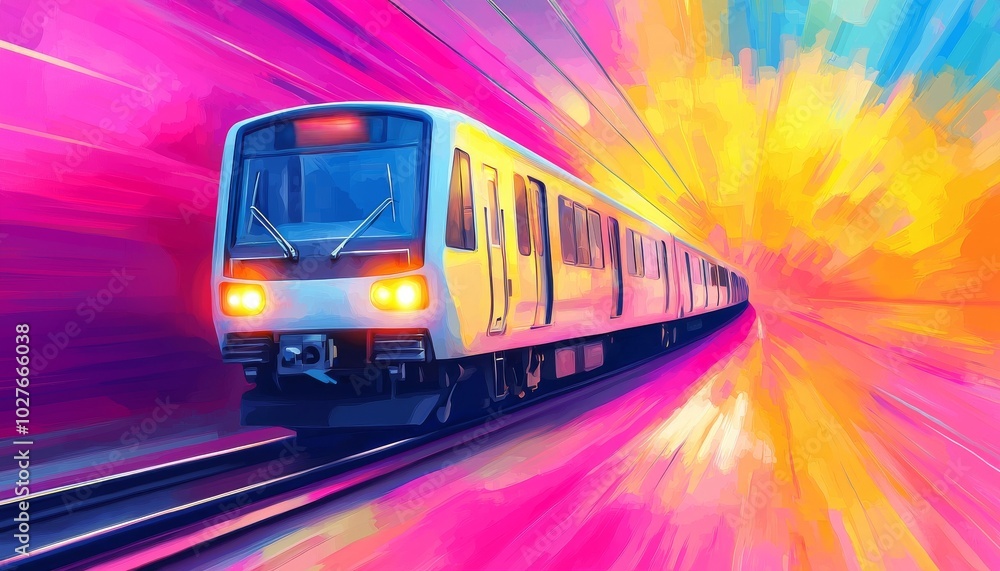 Naklejka premium Vibrant train speeding through a colorful abstract tunnel, dynamic and energetic feel.