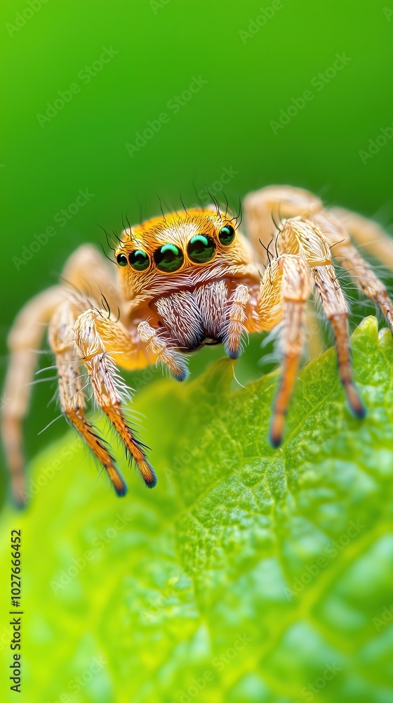 Close-up of a Vibrant Spider Perched on a Green Leaf in Nature During Daylight Hours Close-up of a Vibrant Spider Perched on a Green Leaf in Nature During Daylight Hours