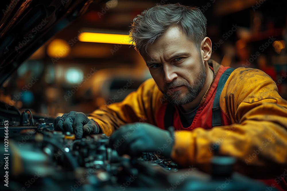 A skilled mechanic repairing a car engine in a well-lit workshop during evening hours A skilled mechanic repairing a car engine in a well-lit workshop during evening hours