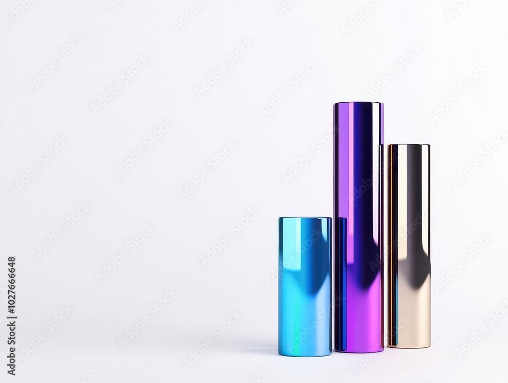 Sharp 3D bar chart with metallic elements on a white background, symbolizing corporate success, Metallic business chart, Growth visualization Sharp 3D bar chart with metallic elements on a white background, symbolizing corporate success, Metallic business chart, Growth visualization