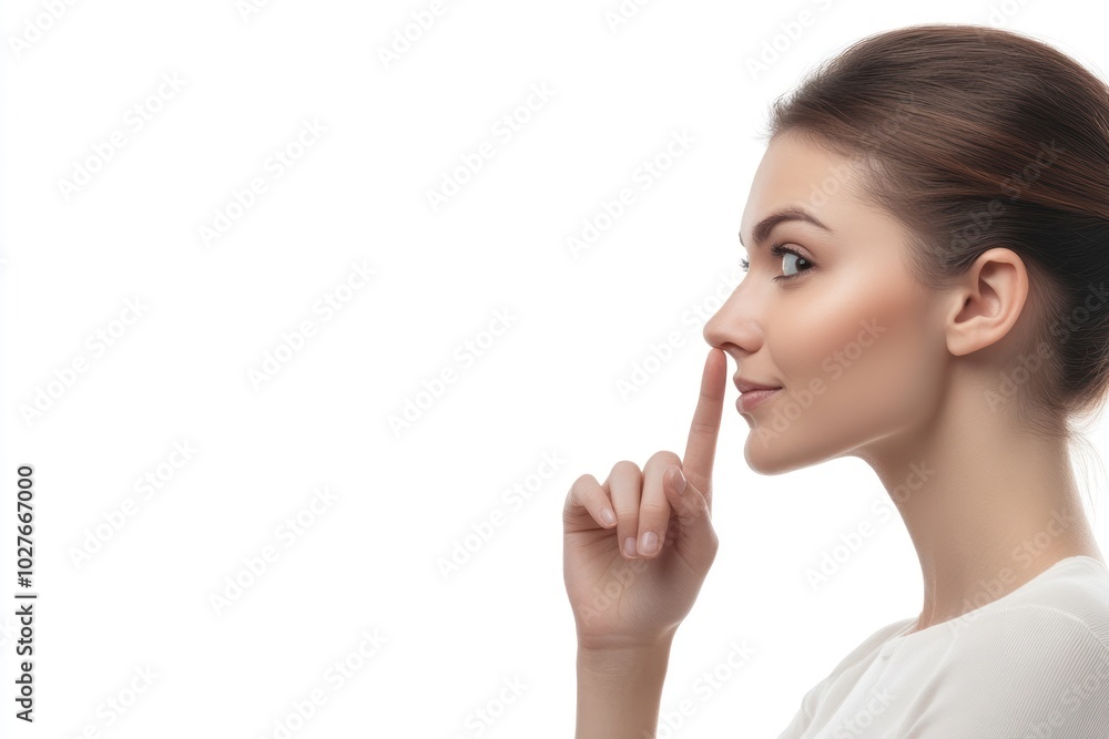 female touching her nose with her index finger, side view, banner with copy space female touching her nose with her index finger, side view, banner with copy space
