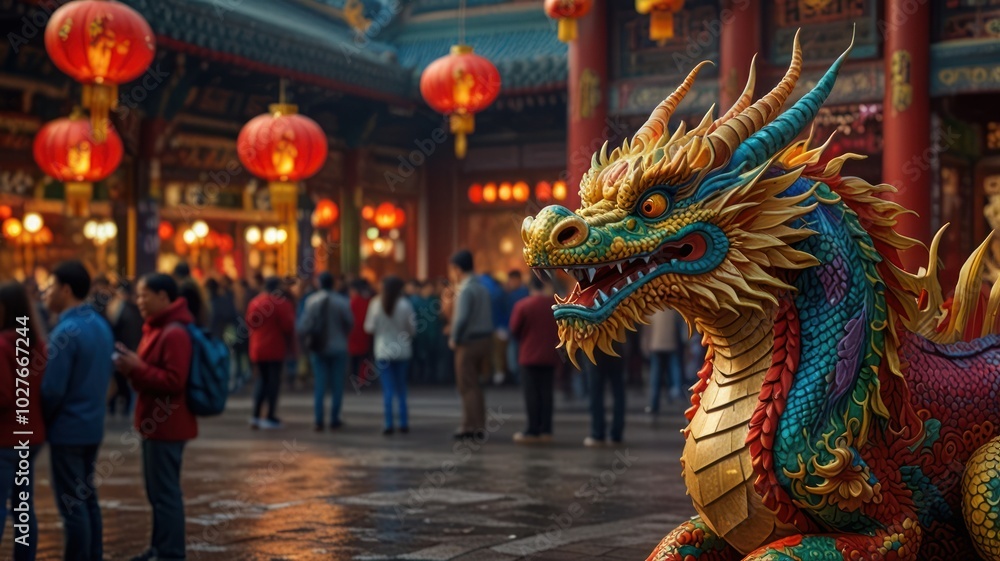 Fototapeta premium A colorful dragon statue sits in front of a temple with red lanterns and a crowd of people in the background.