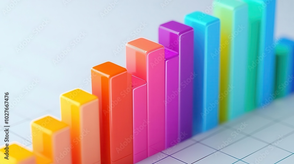 Colorful abstract 3D bar chart on a white grid, symbolizing continuous financial progress, Colorful bar chart, Business progress concept Colorful abstract 3D bar chart on a white grid, symbolizing continuous financial progress, Colorful bar chart, Business progress concept