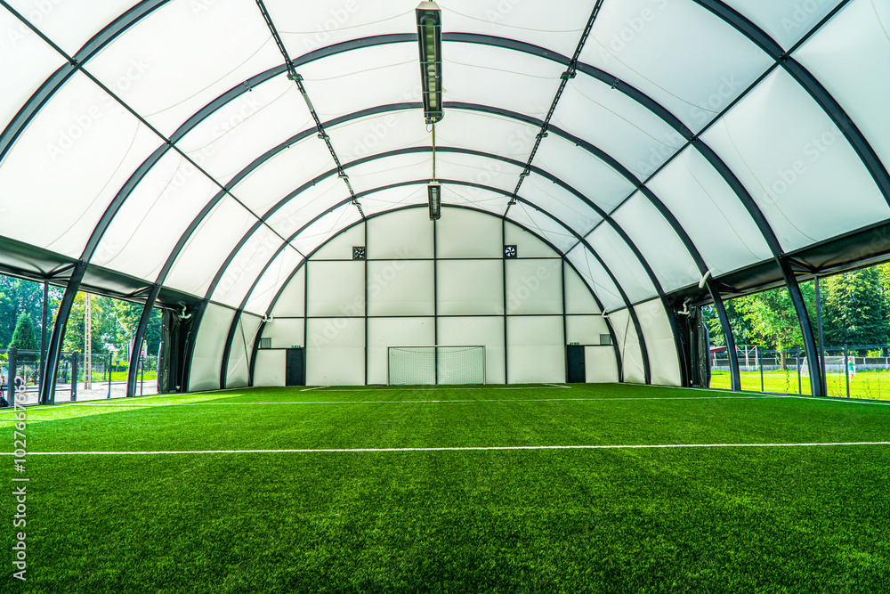 interior of a covered football pitch with grass and a football goal in the middle, light and space, grass roof, football stadium, interior of a covered football pitch with grass and a football goal in the middle, light and space, grass roof, football stadium,