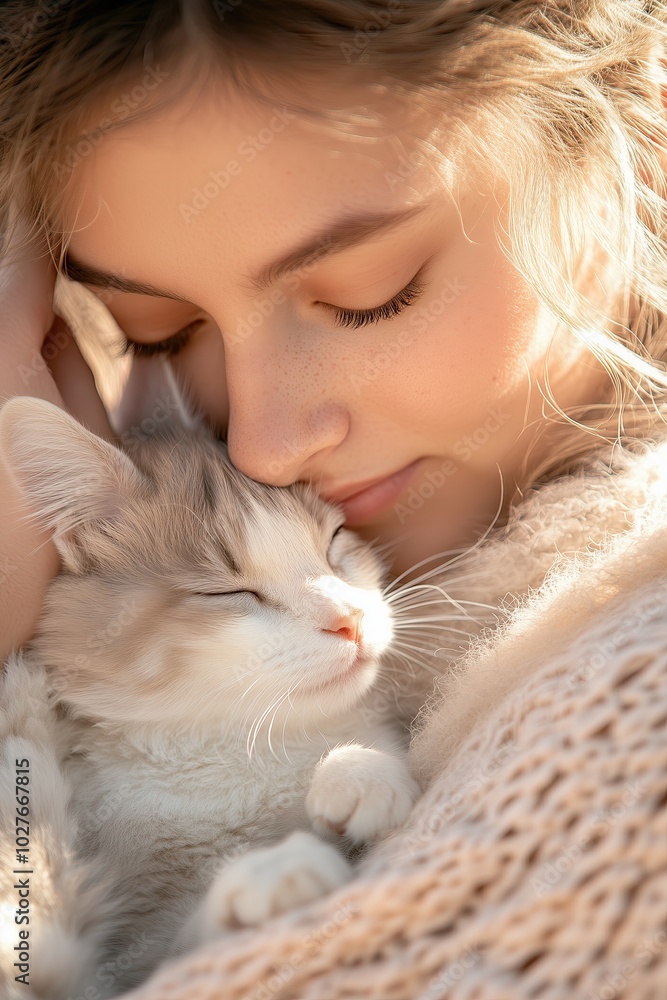 A Calming Moment of a Reiki Healer Soothing a Cat in a Pastel-Hued Environment A Calming Moment of a Reiki Healer Soothing a Cat in a Pastel-Hued Environment