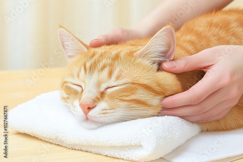 A Calming Environment Where a Healer Provides Reiki to a Content Orange Cat in Pastel Colors