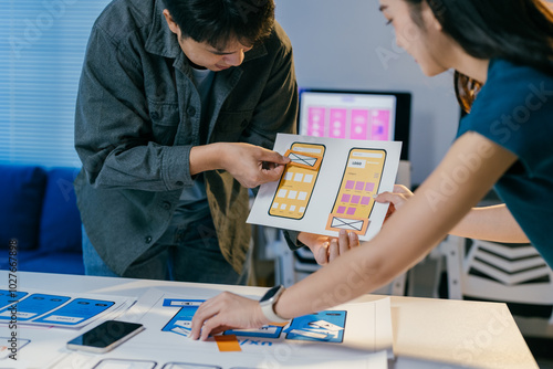 Two asian designers collaborate on a mobile app in a busy office. They focus on user experience and interface design, using their expertise in web development