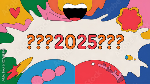 Abstract colorful shapes and 2025 in red and orange illustrate a playful and optimistic future. 
