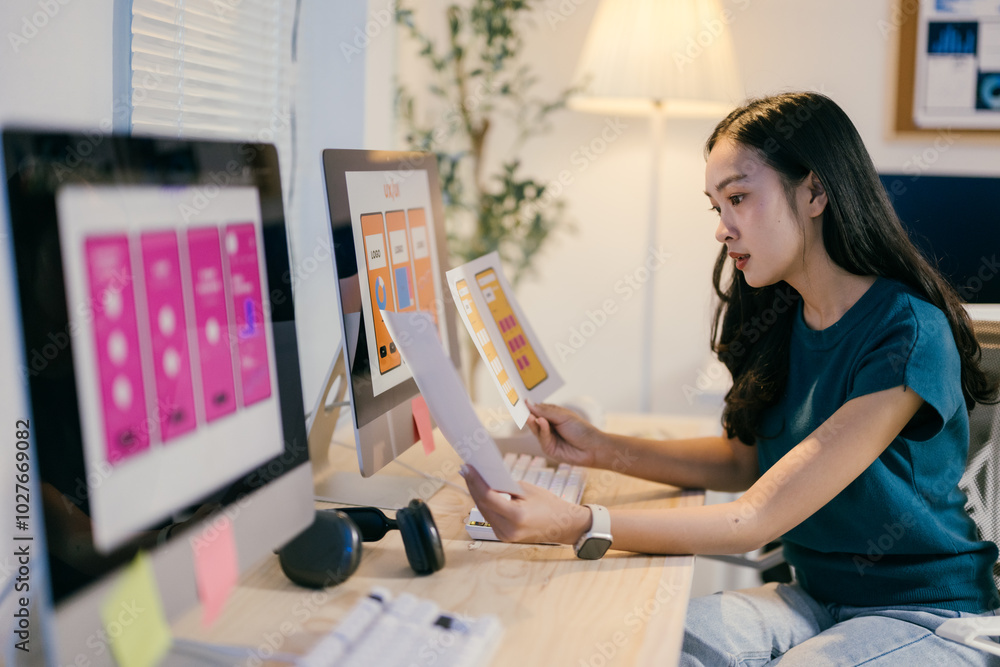 © PaeGAG - Young woman working as a web designer is comparing two website mockups while working at her desk. She is trying to decide which version she prefers © PaeGAG - Young woman working as a web designer is comparing two website mockups while working at her desk. She is trying to decide which version she prefers