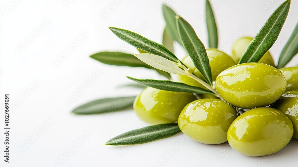 Close-up of green olives with leaves on a white background. Close-up of green olives with leaves on a white background.