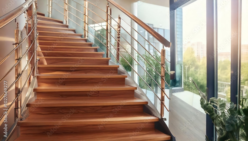 Modern steel staircase with wooden steps in a new apartment in a residential building Modern steel staircase with wooden steps in a new apartment in a residential building
