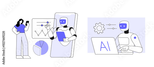 Personal robot for people assistance. Artificial intelligence technology with help service, flat vector illustration.