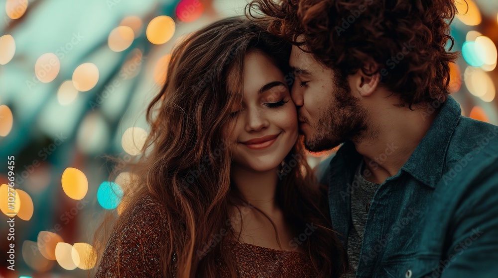 A young couple sharing a tender kiss, the man gently kissing the woman's cheek as she smiles with closed eyes, against a background of colorful Ferris wheel lights A young couple sharing a tender kiss, the man gently kissing the woman's cheek as she smiles with closed eyes, against a background of colorful Ferris wheel lights