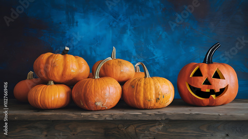Orange pumpkins and a carved jack-o-lantern on a wooden table, blue background, Halloween decoration. 
