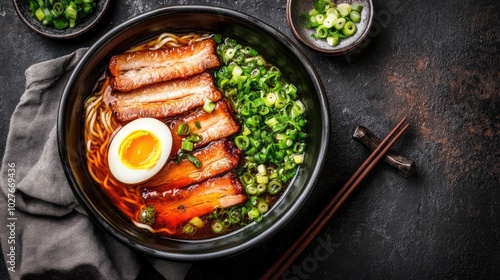 Delicious Ramen Bowl with Pork and Egg Garnish