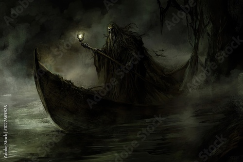Kharon the Ferryman Guides Souls Across the Dark Rivers Acheron and Styx at Twilight