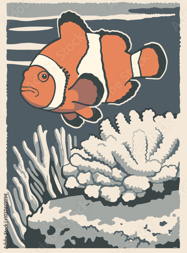 Clownfish poster near corals, national park, vintage flat design, abstract silhouette, minimal color, 2D vector travel art photo