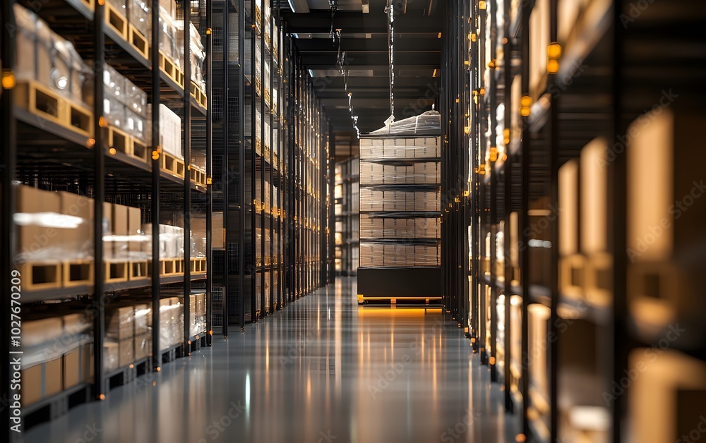 Modern warehouse interior showcasing organized shelves filled with boxes and a well-lit aisle for efficient storage management. Modern warehouse interior showcasing organized shelves filled with boxes and a well-lit aisle for efficient storage management.