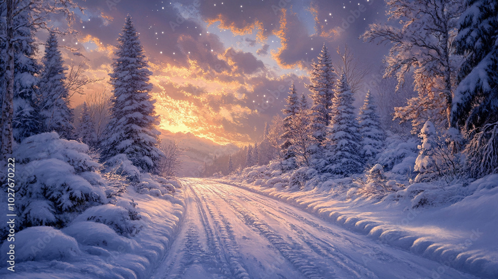 serene winter road illuminated by vibrant northern lights, inviting travelers into a magical landscape of shimmering colors and snow-covered trees, evoking feelings of wonder and exploration serene winter road illuminated by vibrant northern lights, inviting travelers into a magical landscape of shimmering colors and snow-covered trees, evoking feelings of wonder and exploration