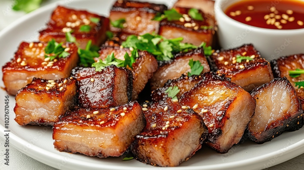 Deliciously Grilled Pork Belly with Garnish and Sauce Deliciously Grilled Pork Belly with Garnish and Sauce